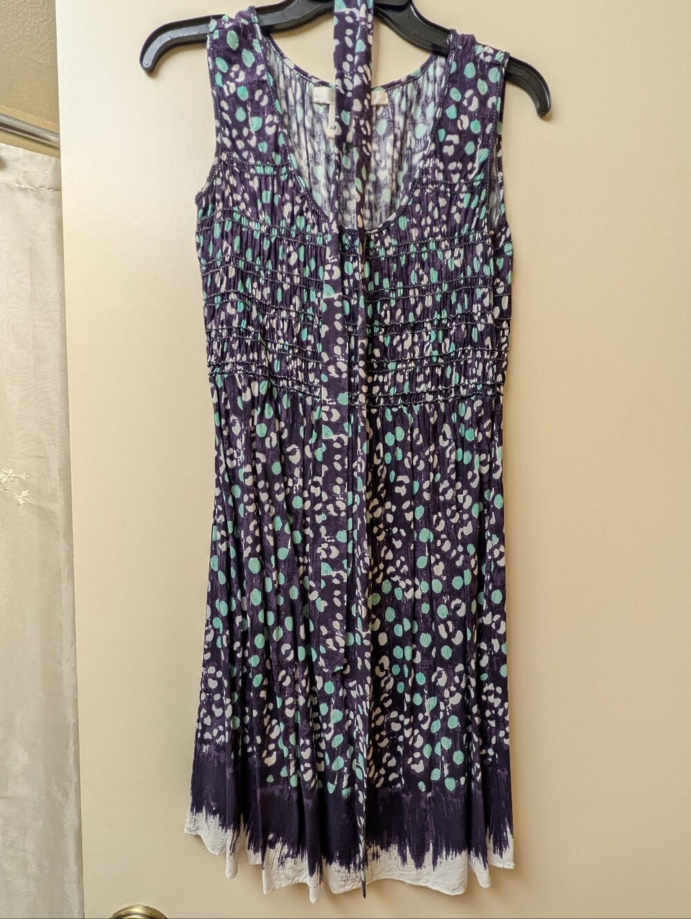 Studio M Purple Printed Sleeveless Smocked Dress with Mint Accents